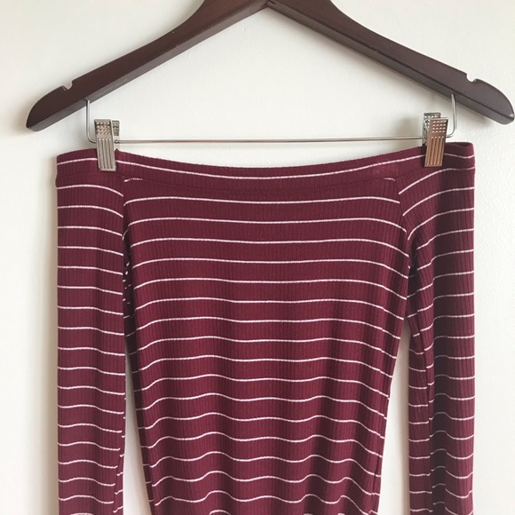 Hollister Long Sleeve Off Shoulder Burgundy Maroon Wht Stripe Leotard Bodysuit S - Picture 4 of 16